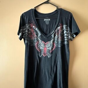 Sinful Black V-Neck Tee with Red and Gray Design